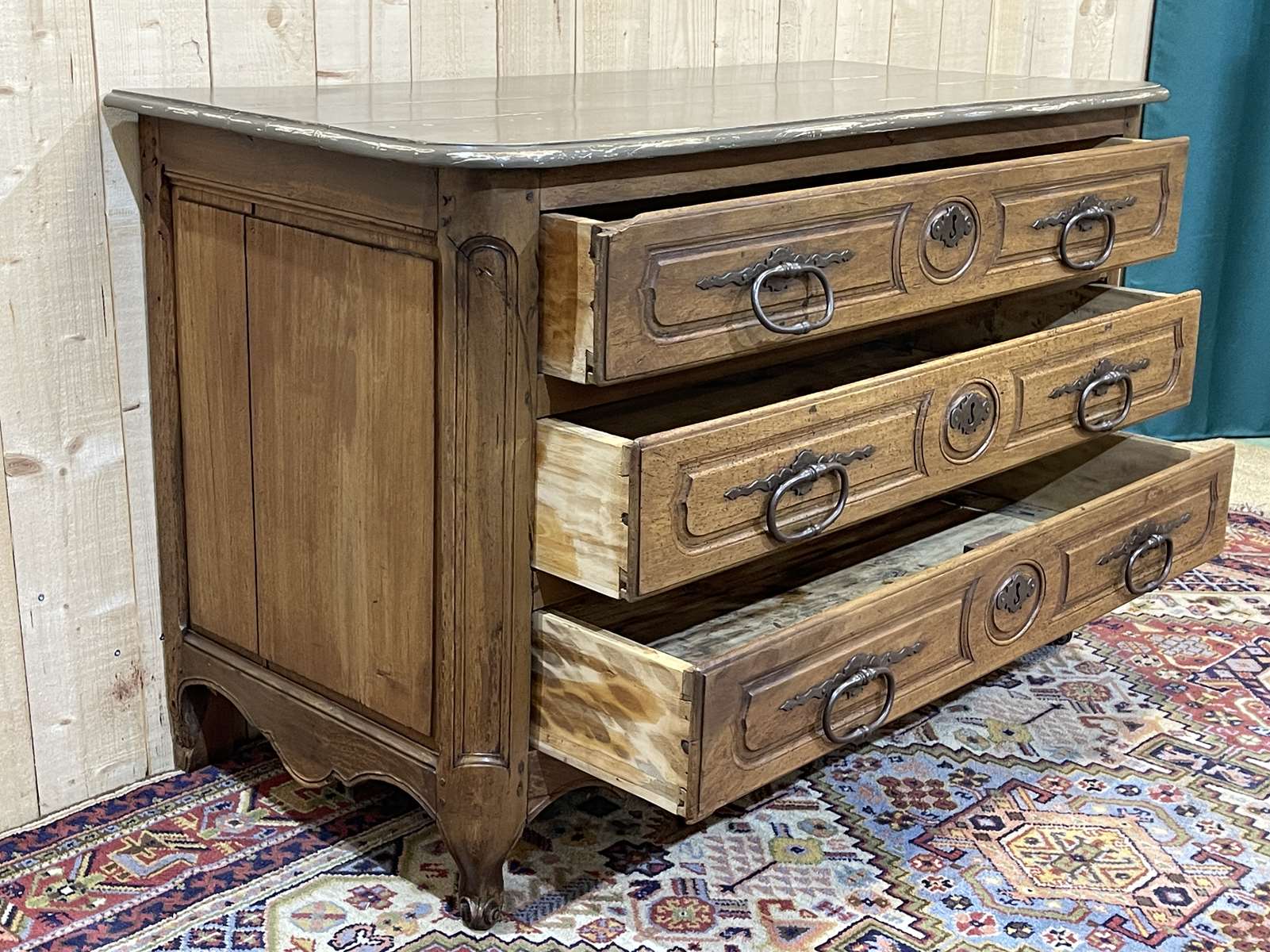 Louis XV eighteenth-century period chest of drawers in walnut painted in patinated gray