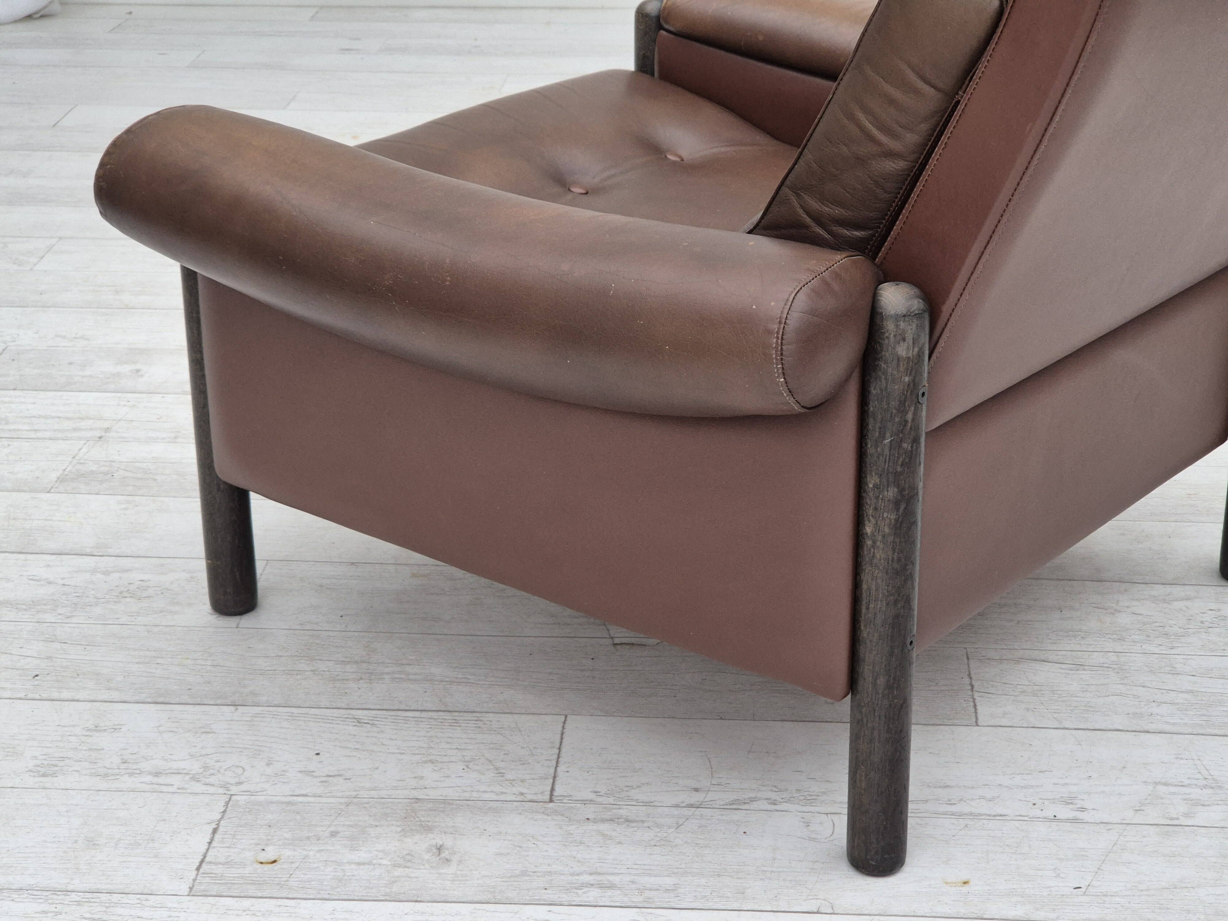 1970s, Danish armchair, original condition, furniture leather, dark oak wood.