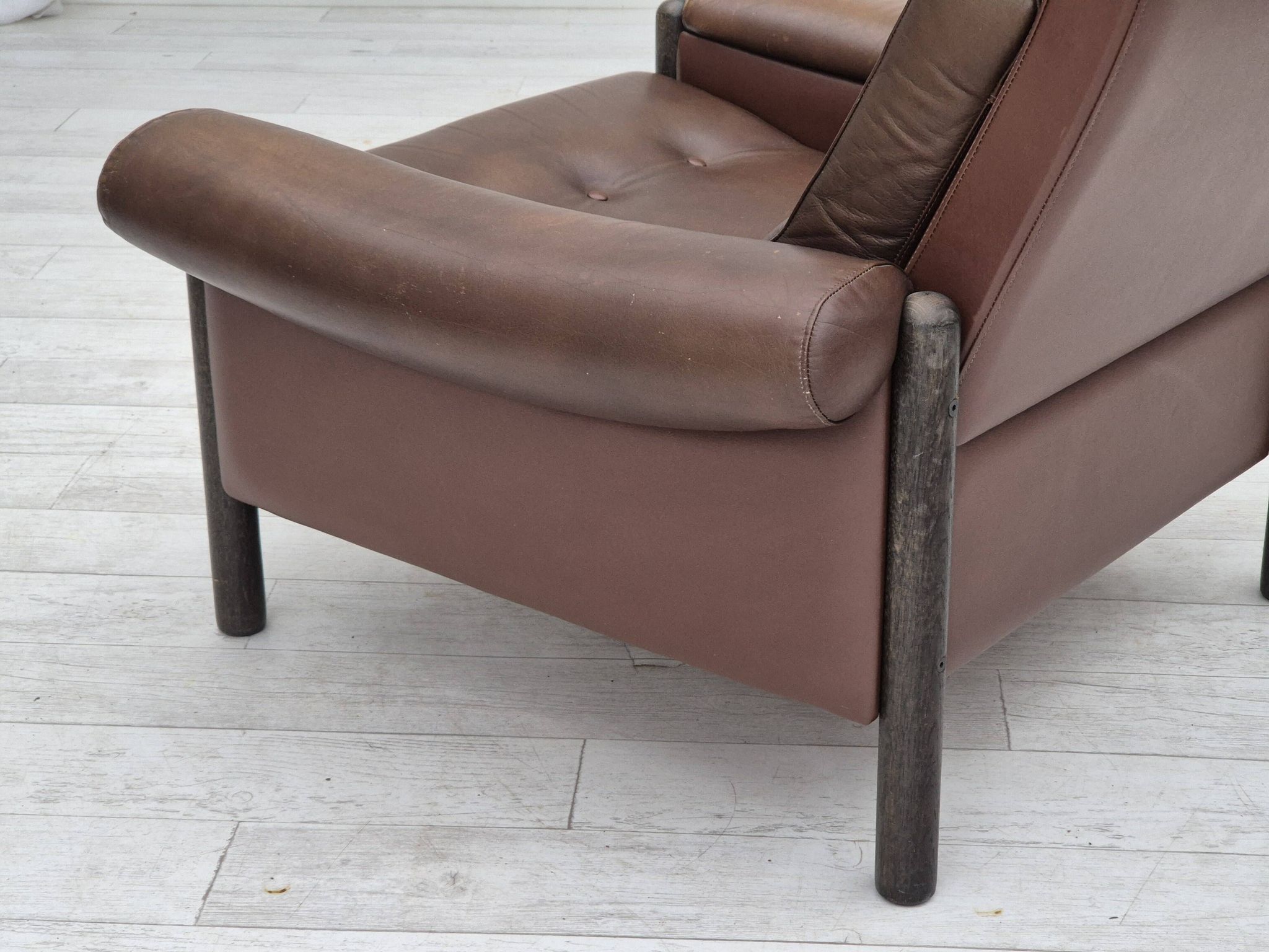 1970s, Danish armchair, original condition, furniture leather, dark oak wood.