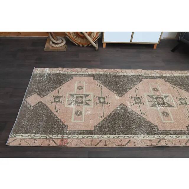 1970s Turkish Oushak Handmade Wool Cotton Brown Runner Rug 120x314