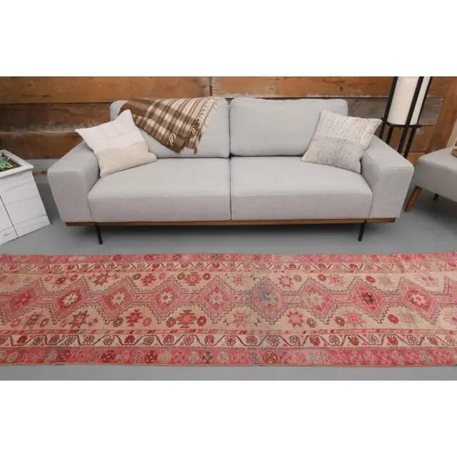 1970s Turkish Hand-Knotted Wool Cotton Pink Runner Rug 80x310