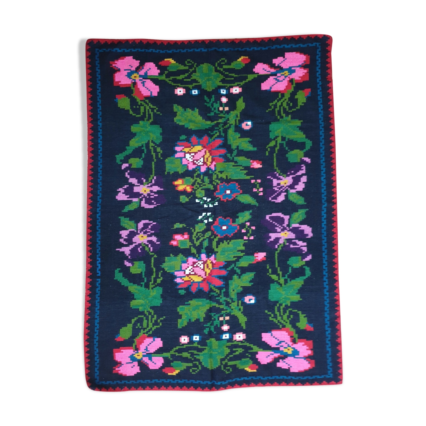 Handwoven summerish floral rug, black background with colorful delicate flowers 152x238cm