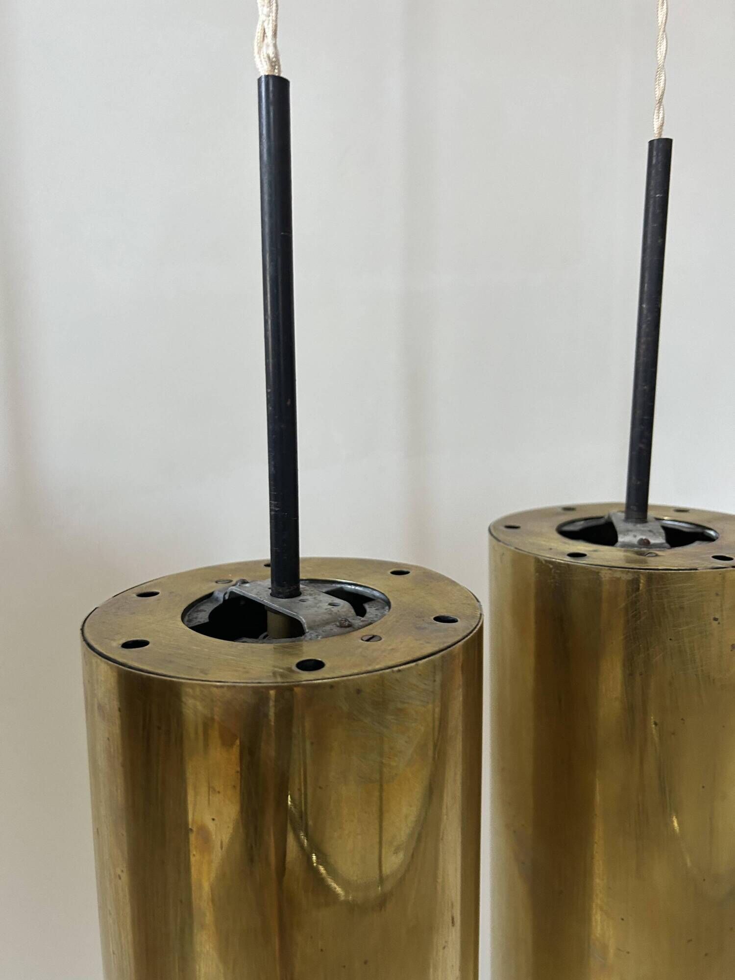 Set of 3 vintage pendant lights in solid brass, France 1960s