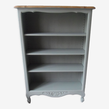 Louis XV style bookcase, green gray with 3 adjustable shelves, wooden tray.