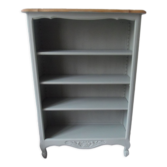 Louis XV style bookcase, green gray with 3 adjustable shelves, wooden tray.
