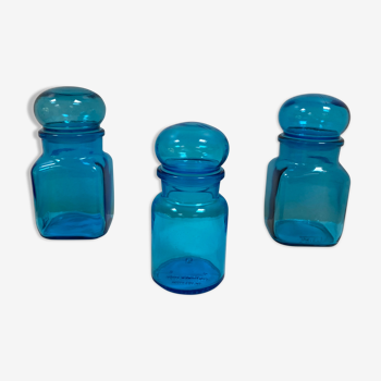 Trio de pots vintage en verre bleu turquoise