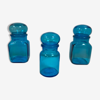 Trio of vintage turquoise blue glass jars