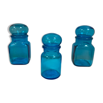 Trio of vintage turquoise blue glass jars