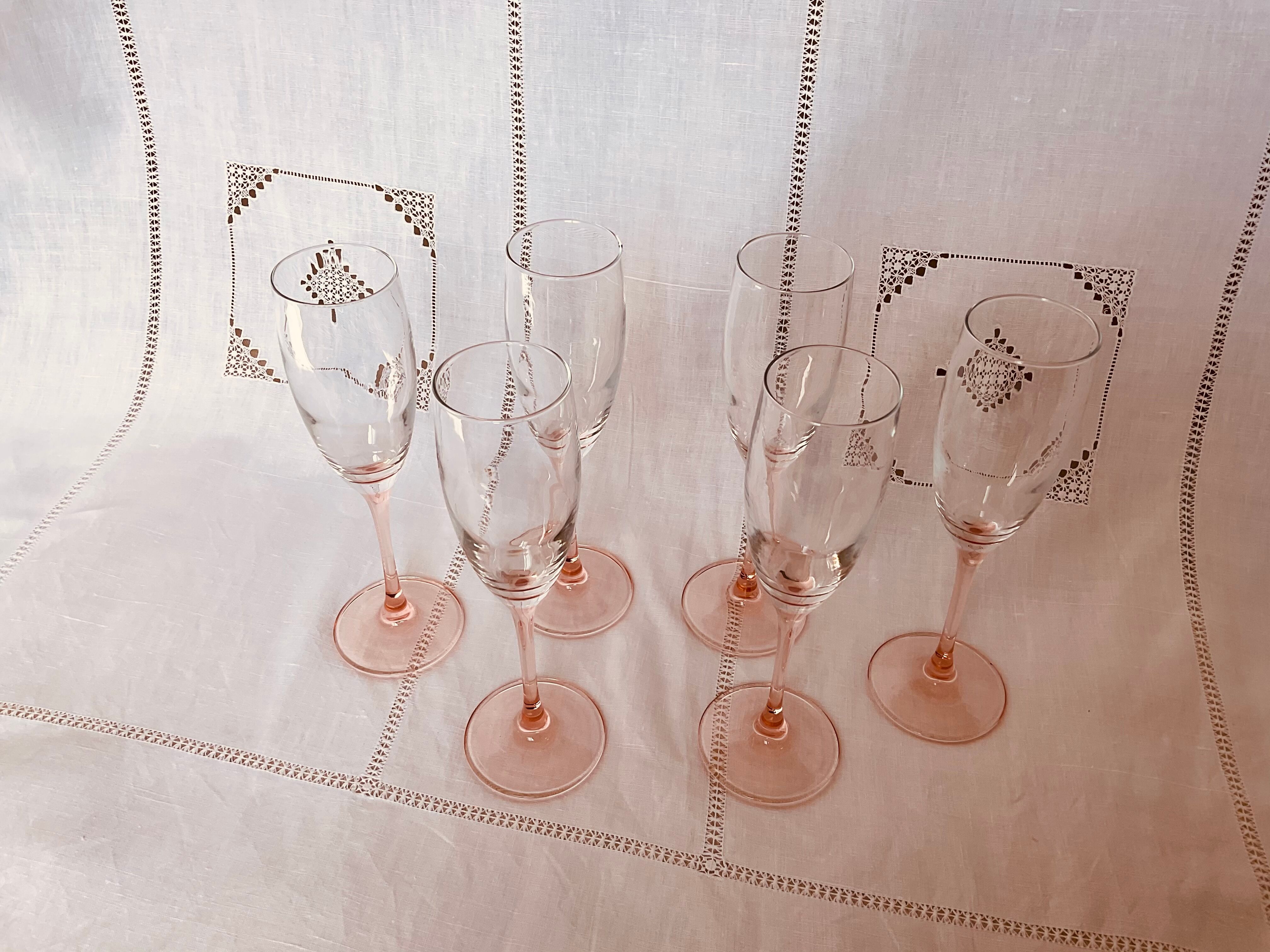 6 champagne flutes, pink walking glasses, Luminarc 70s