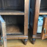 Set of 2 old oak bedside tables above black marble plaque