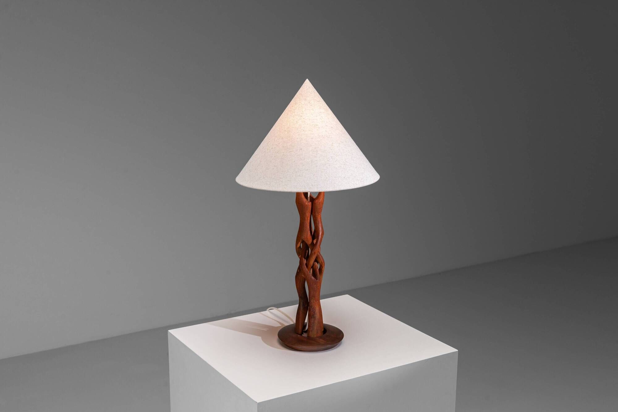 Organic form sculptural teak table lamp