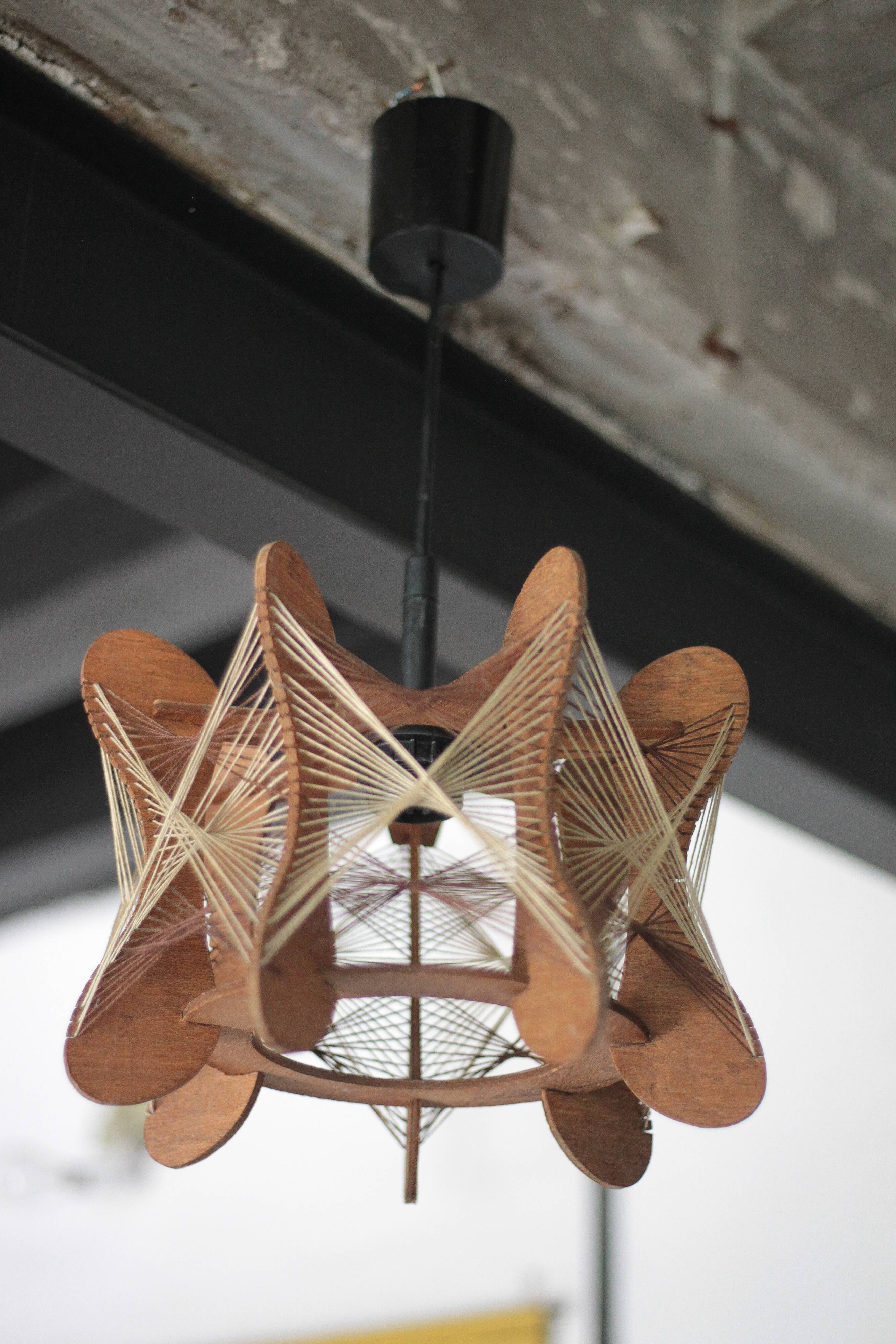 Vintage Scandinavian wooden suspension with stretched wires, chandelier, 70's lamp.