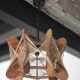 Vintage Scandinavian wooden suspension with stretched wires, chandelier, 70's lamp.