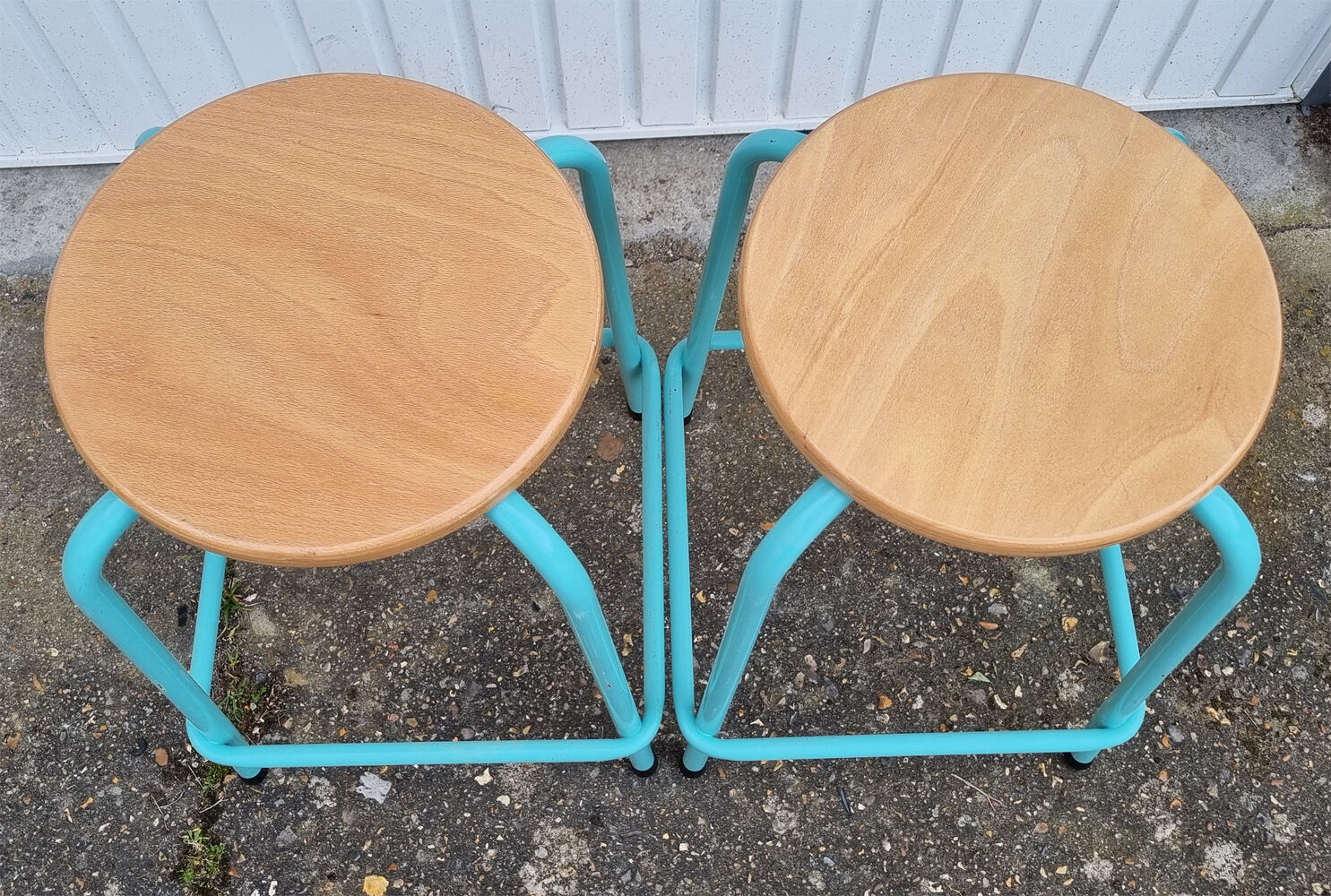Pair of round stools, industrial, wood and metal, vintage