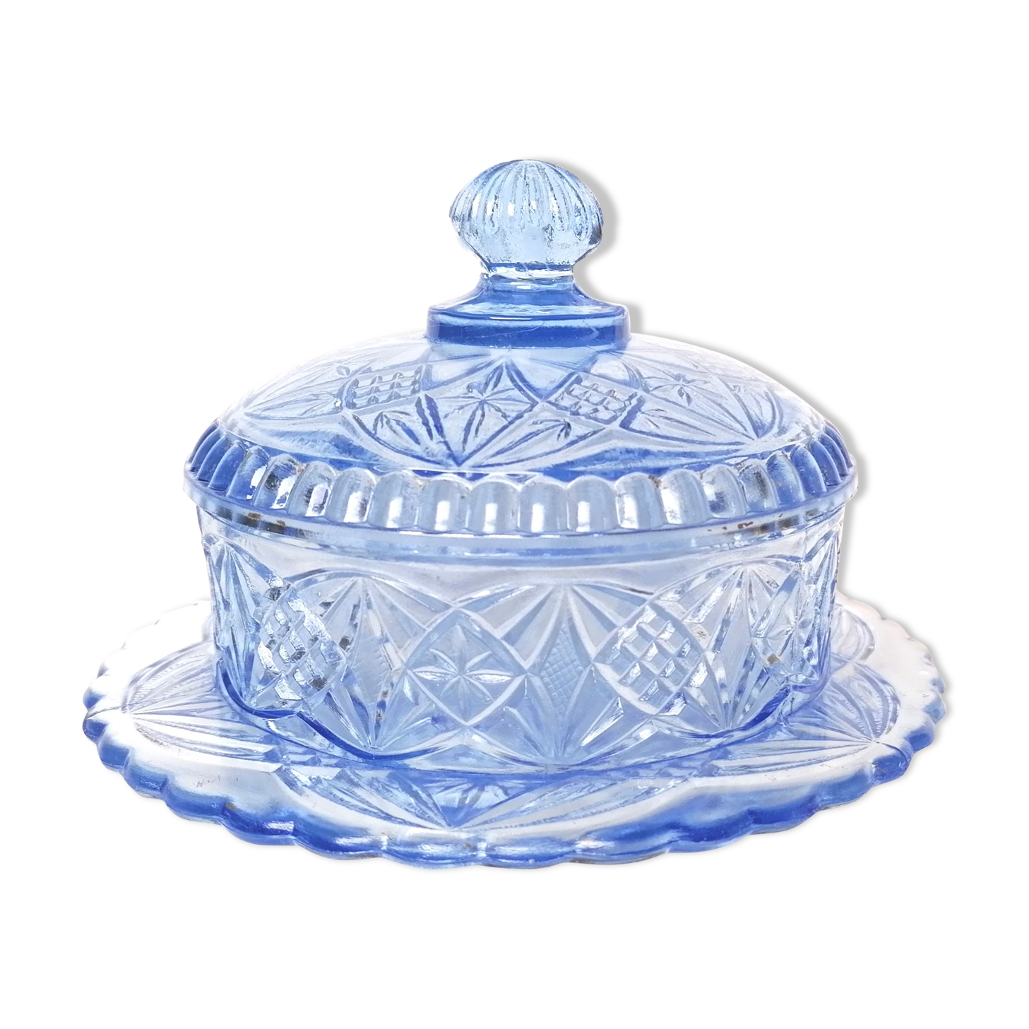 Sweeten candy box in blue pressed molded glass