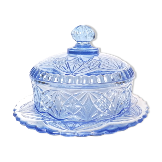 Sucrier bonbonnière en verre moulé pressé bleu