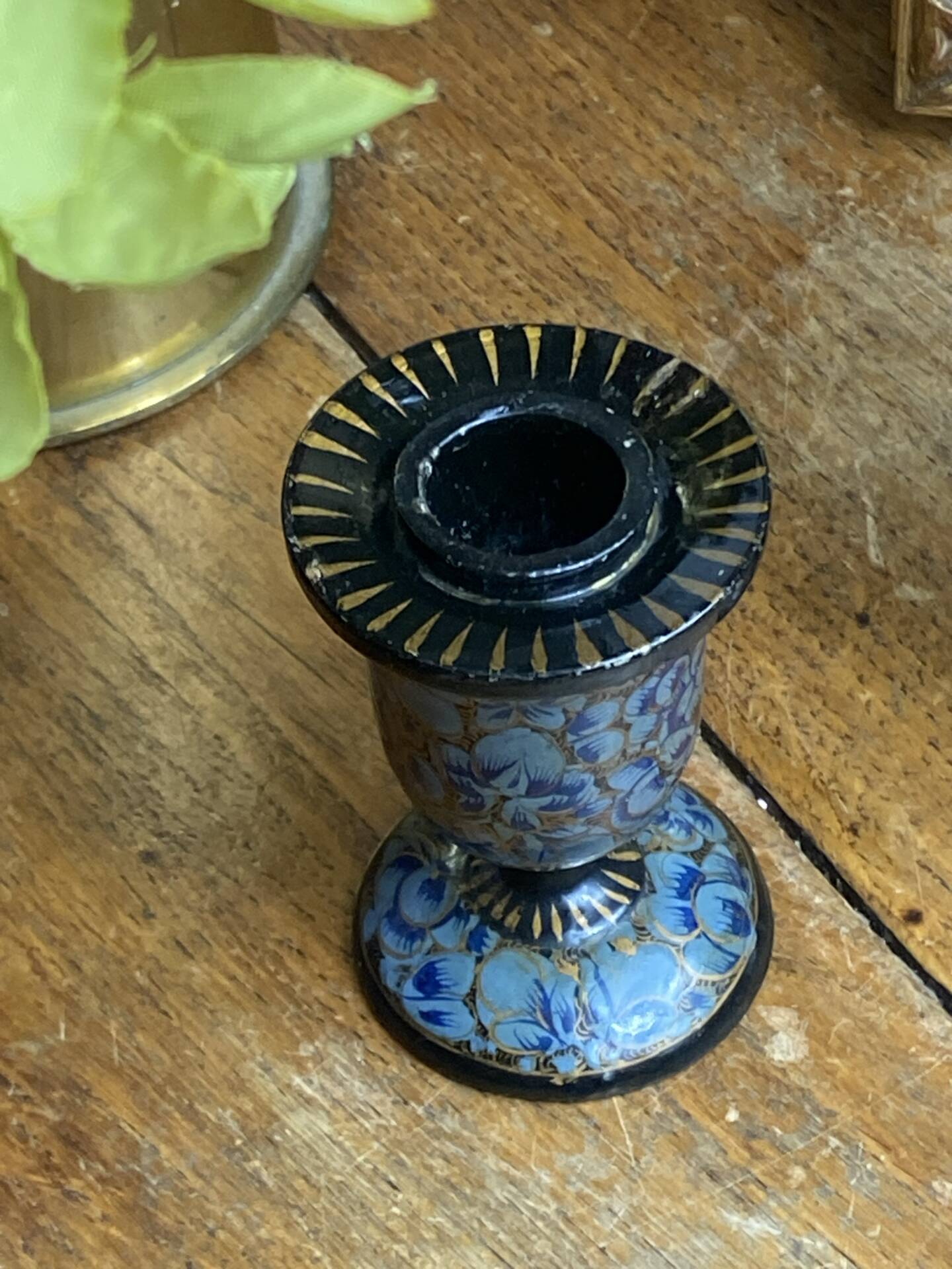Pair of Kashmiri candlesticks, lacquered papier-mâché
