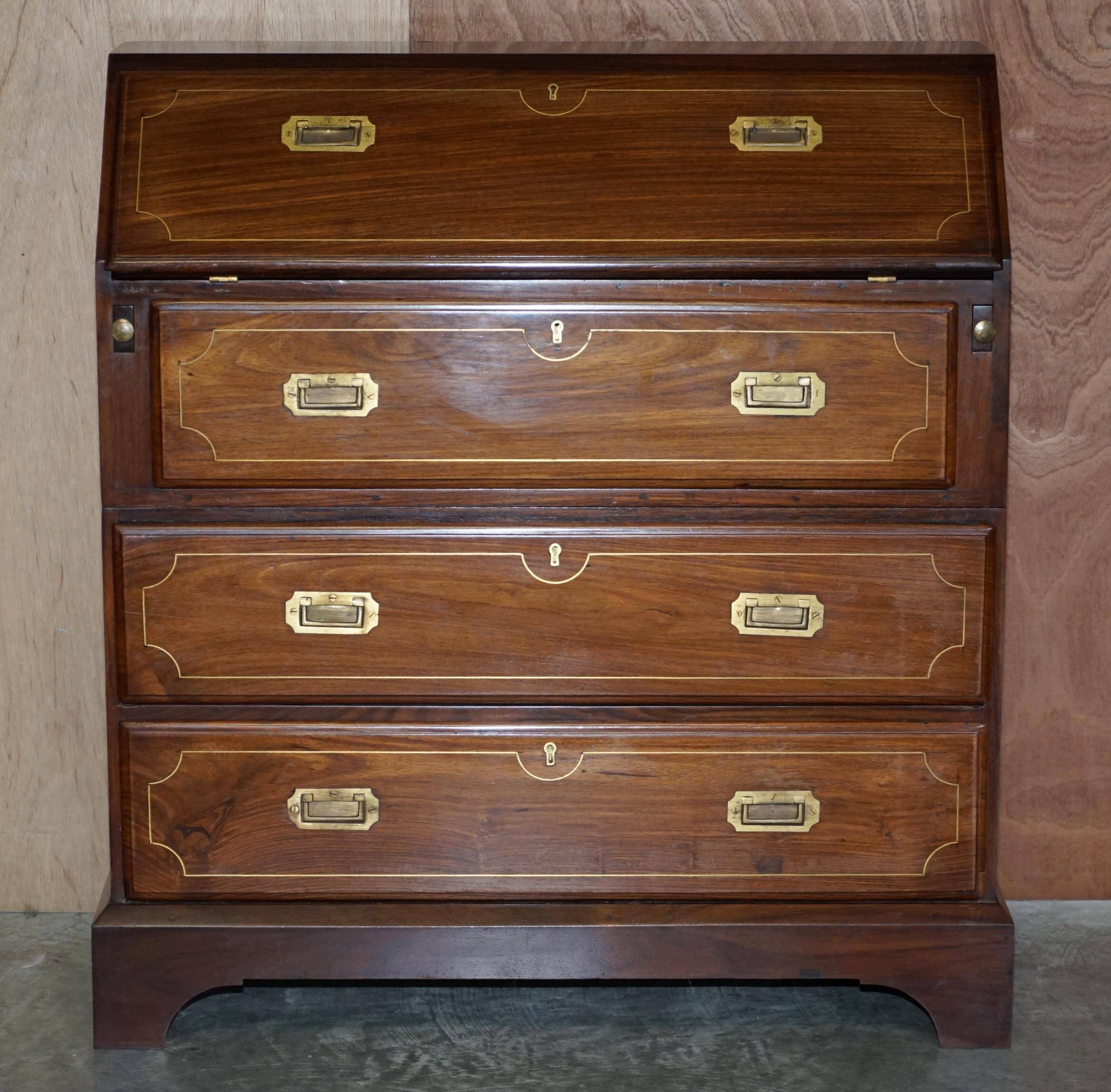Anglo-Indian military desk in camphor wood and brass