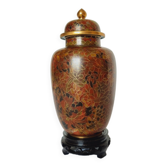 Vase Tibor Cloisonné, époque République de Chine (1912-1949) avec socle en bois d'ébène.