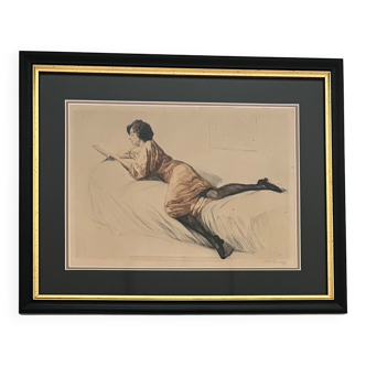 Otto goetze (1868-1929) sécessionniste allemand : la lectrice gravure ancienne - pointe sèche