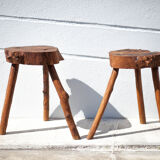 Pair of brutalist tripod wood stools