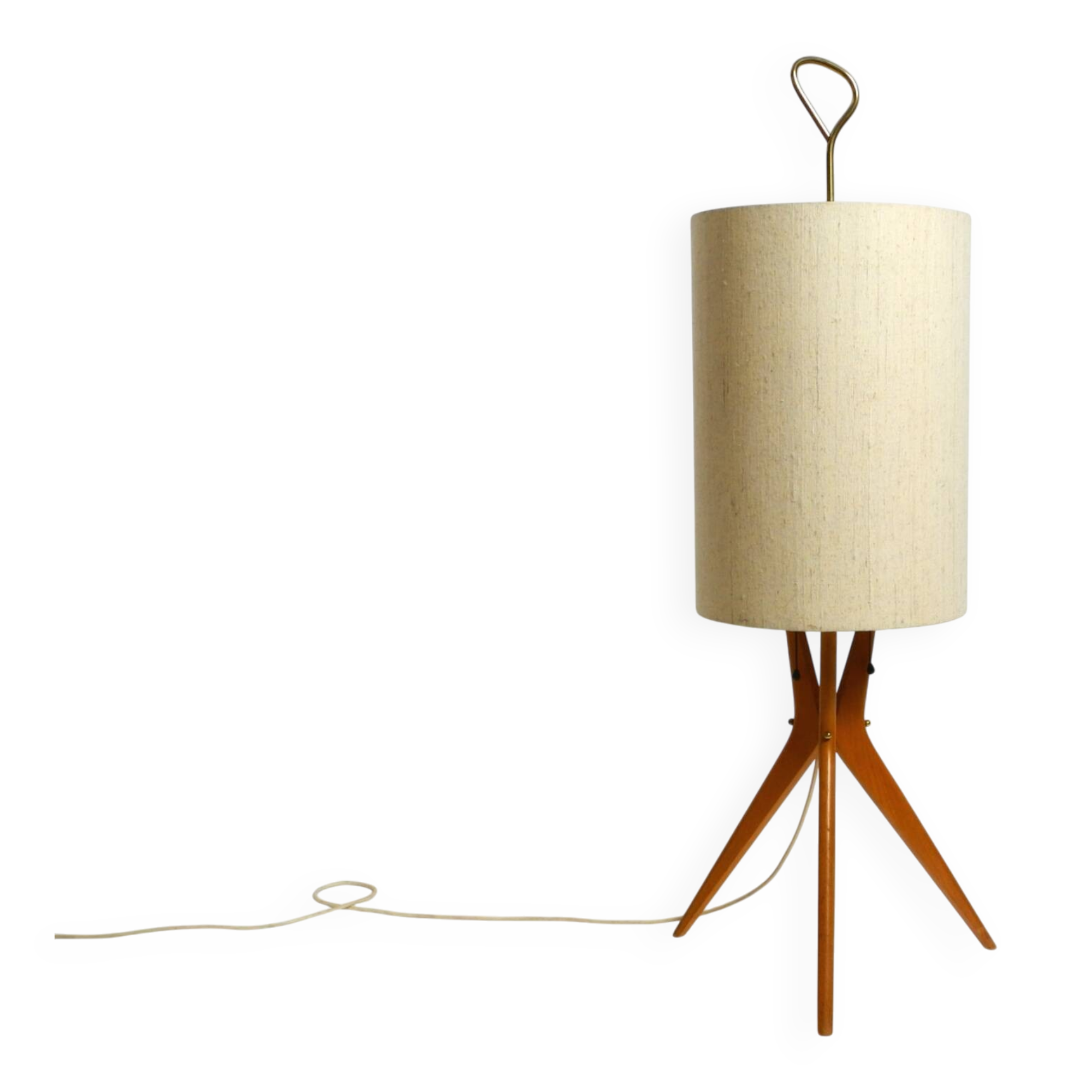 Mid Century Modern tripod walnut wood floor lamp with large fabric shade