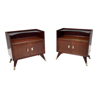 Pair of vintage elegant wooden nightstands with a crystal top shelf