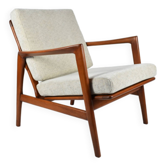 Fauteuil scandinave Stefan, restauré, icône années 1960, beige, marron, bois teck