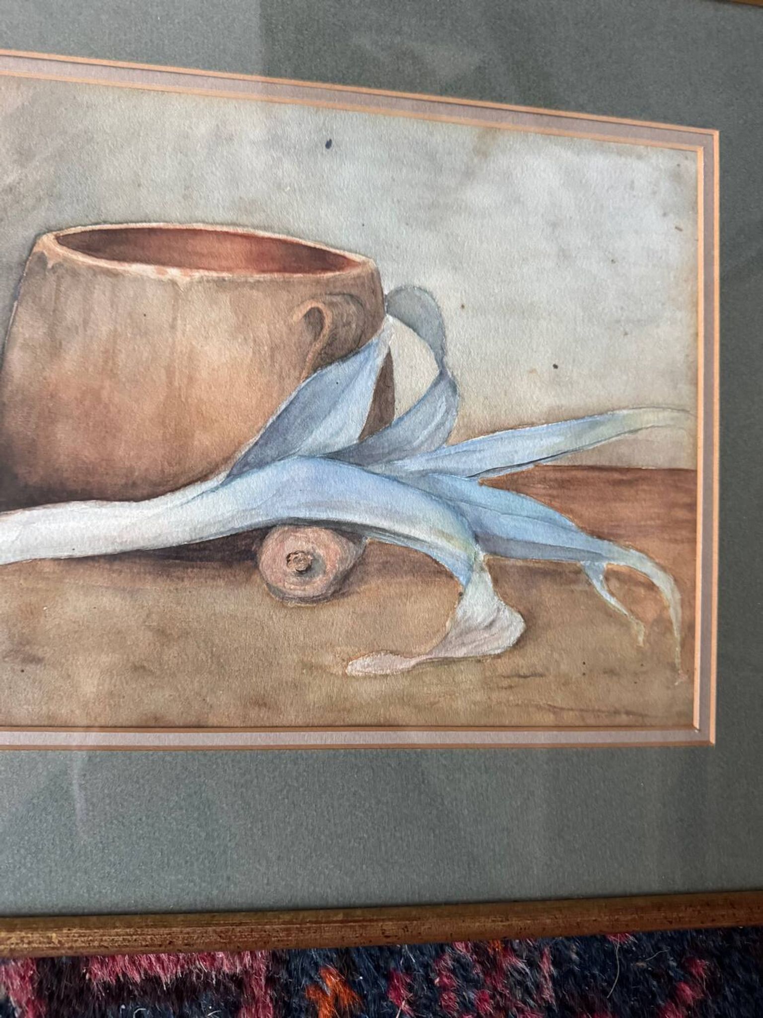 Aquarelle nature morte poireau ancienne 