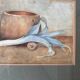 Aquarelle nature morte poireau ancienne 