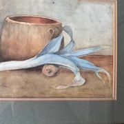 Aquarelle nature morte poireau ancienne 