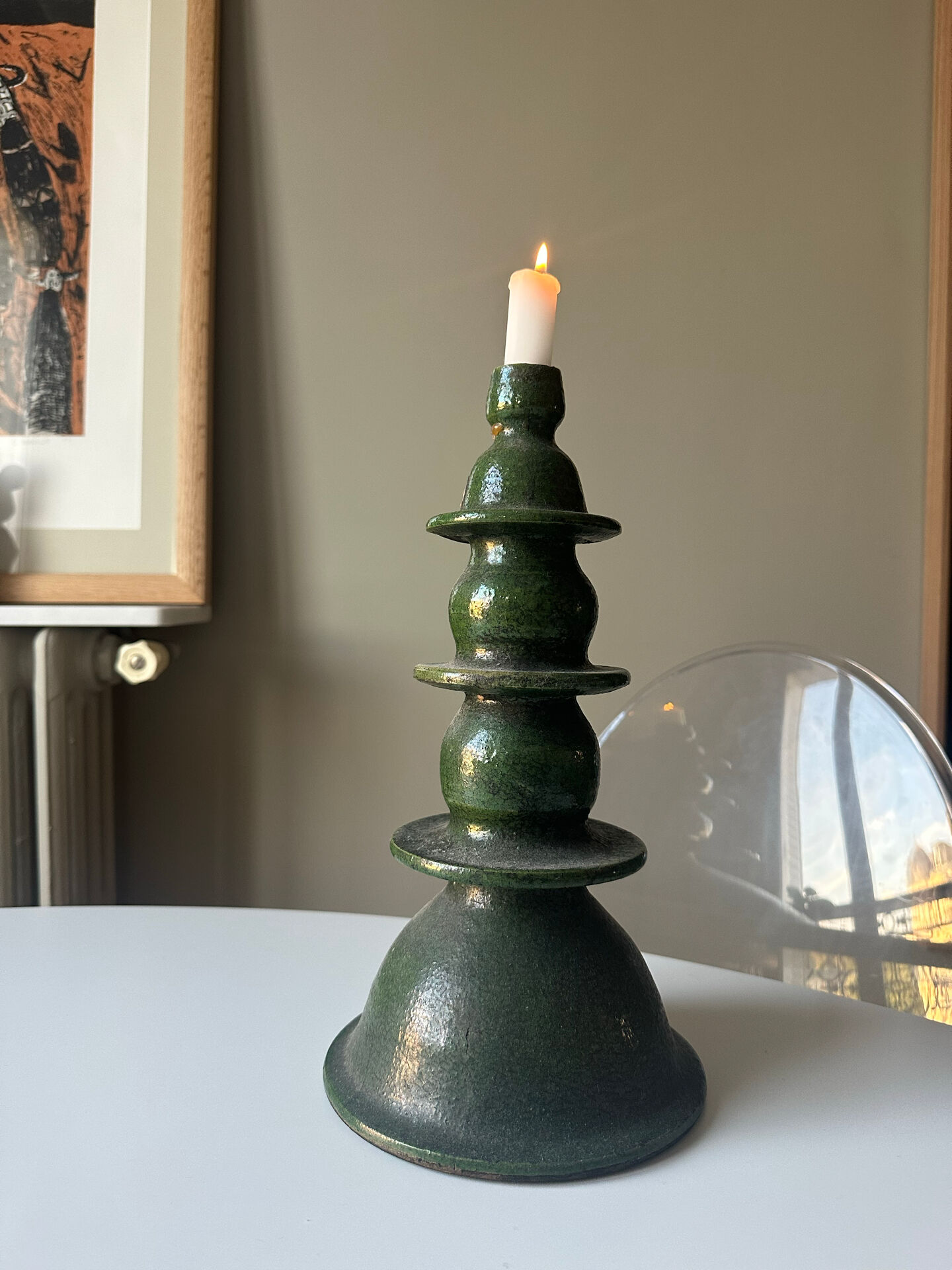 Large sculptural Moroccan candlestick in green Tamegroute ceramic.