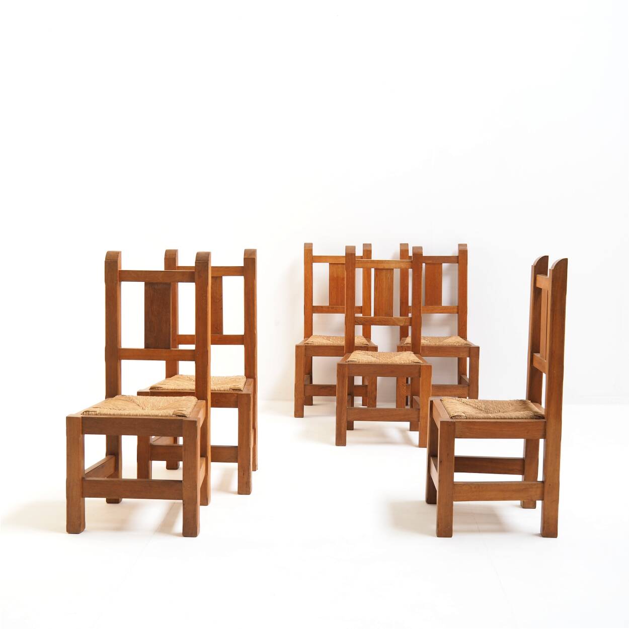 Set of Eight Handmade Solid Oak Chairs, 1970s