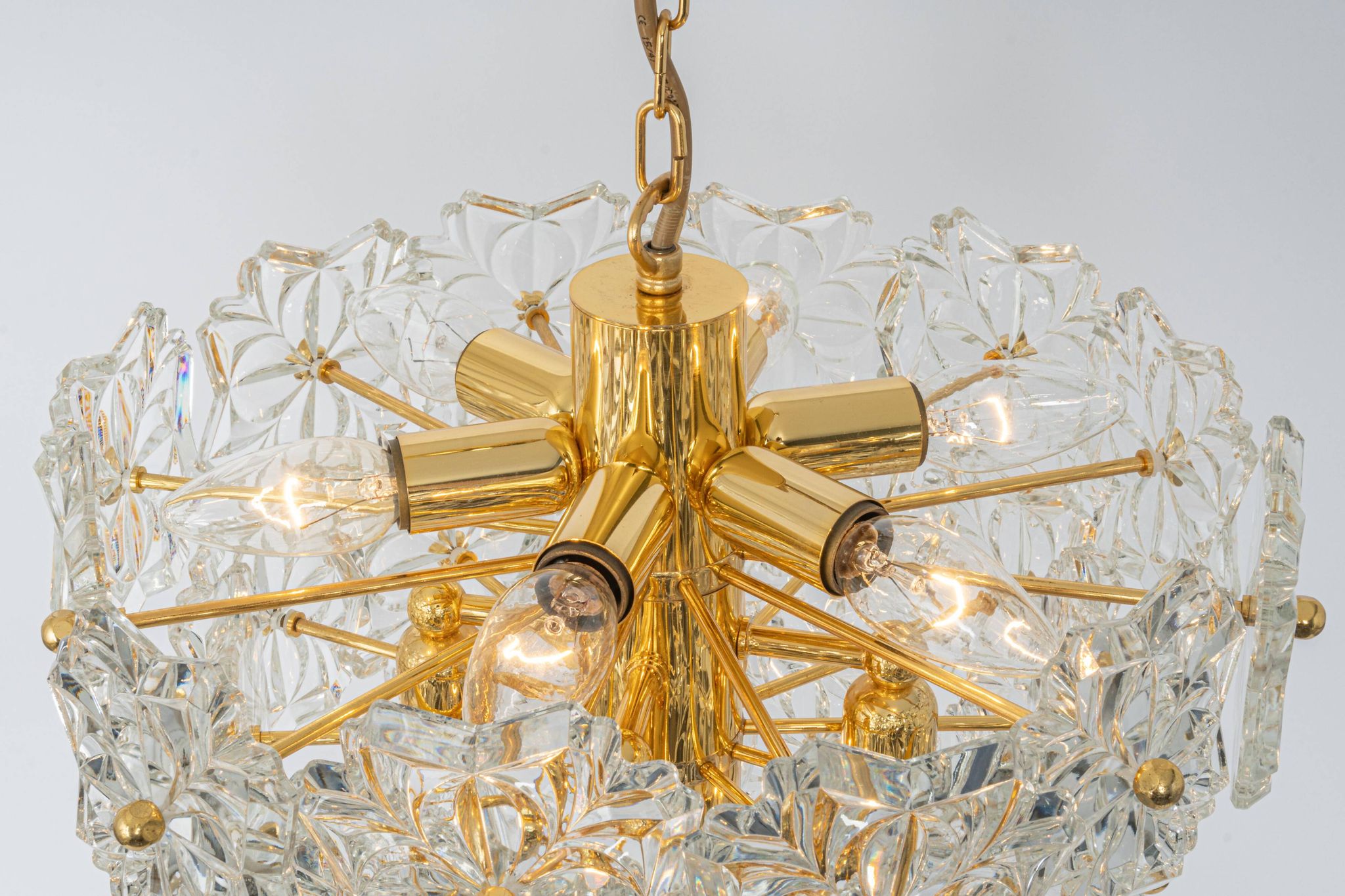 Chandelier in gilded brass and crystal glass, Germany, 1970s