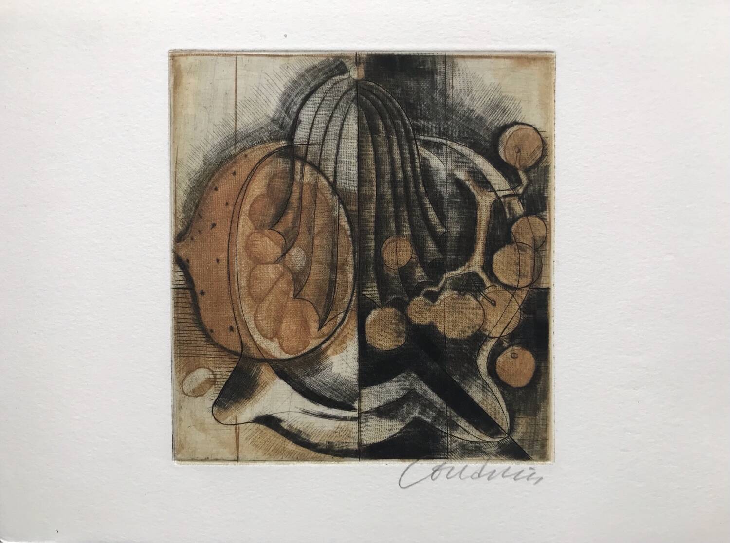 Brigitte coudrain(1934).composition aux fruits,1998.eau-forte aquatint
