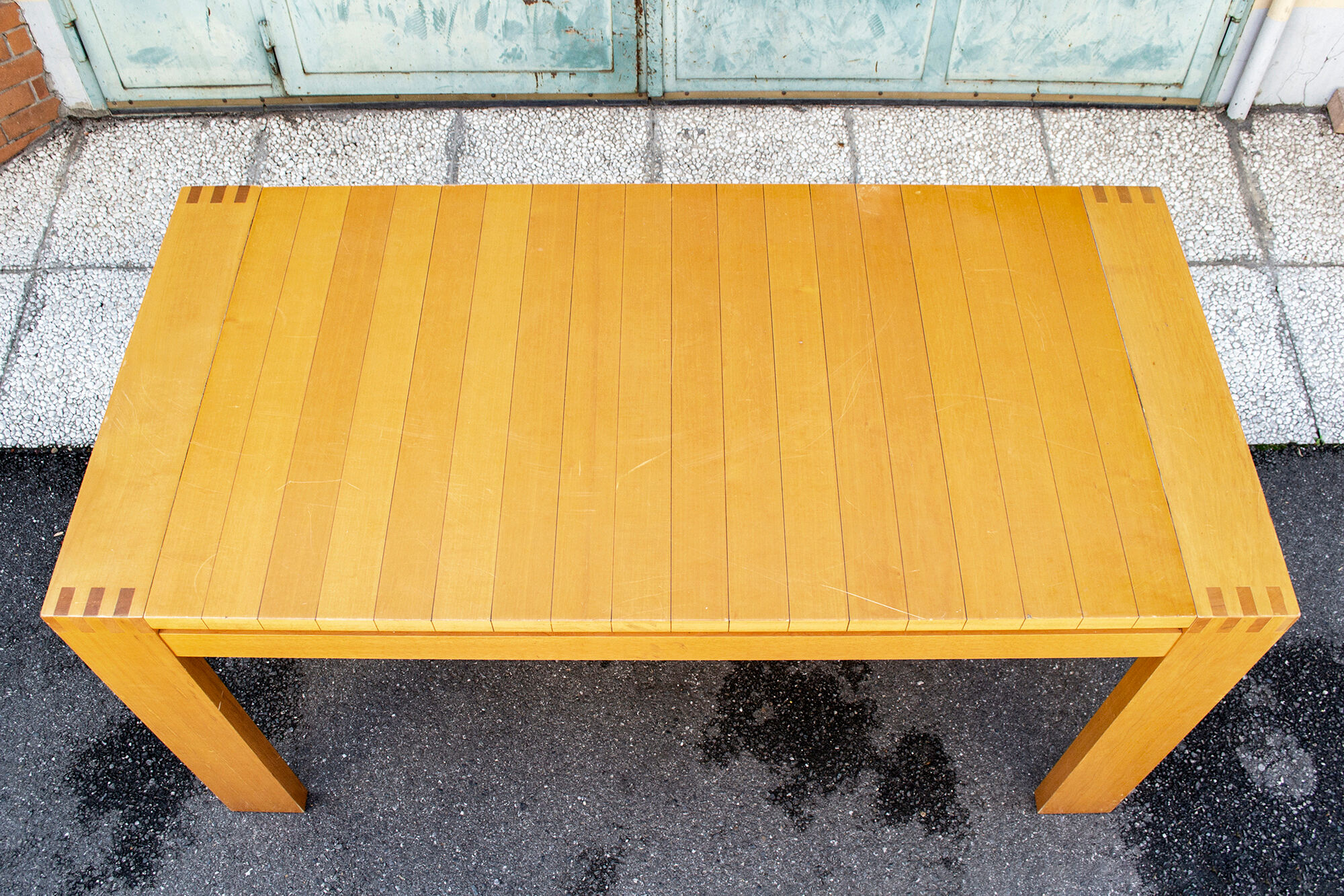 Dining table in beech wood with stripes of hibiscus, italy 70s