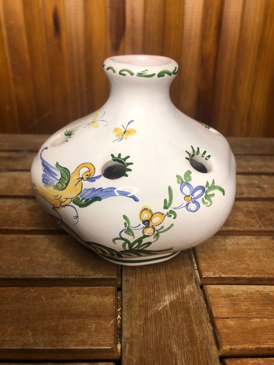 Old moustiers flower stick vase vintage painted white ceramic