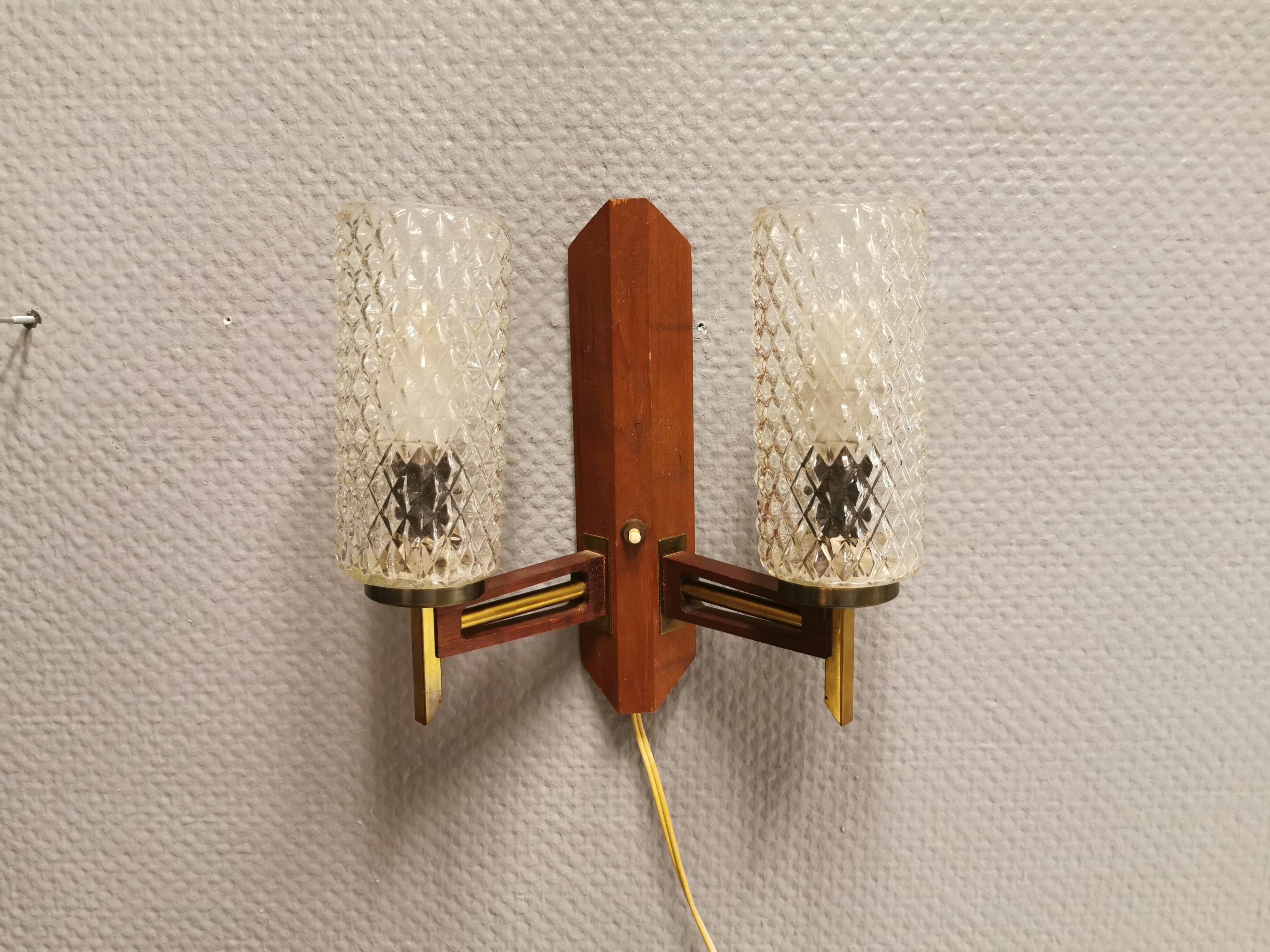Danish double wall light in teak, brass and crystal glass.