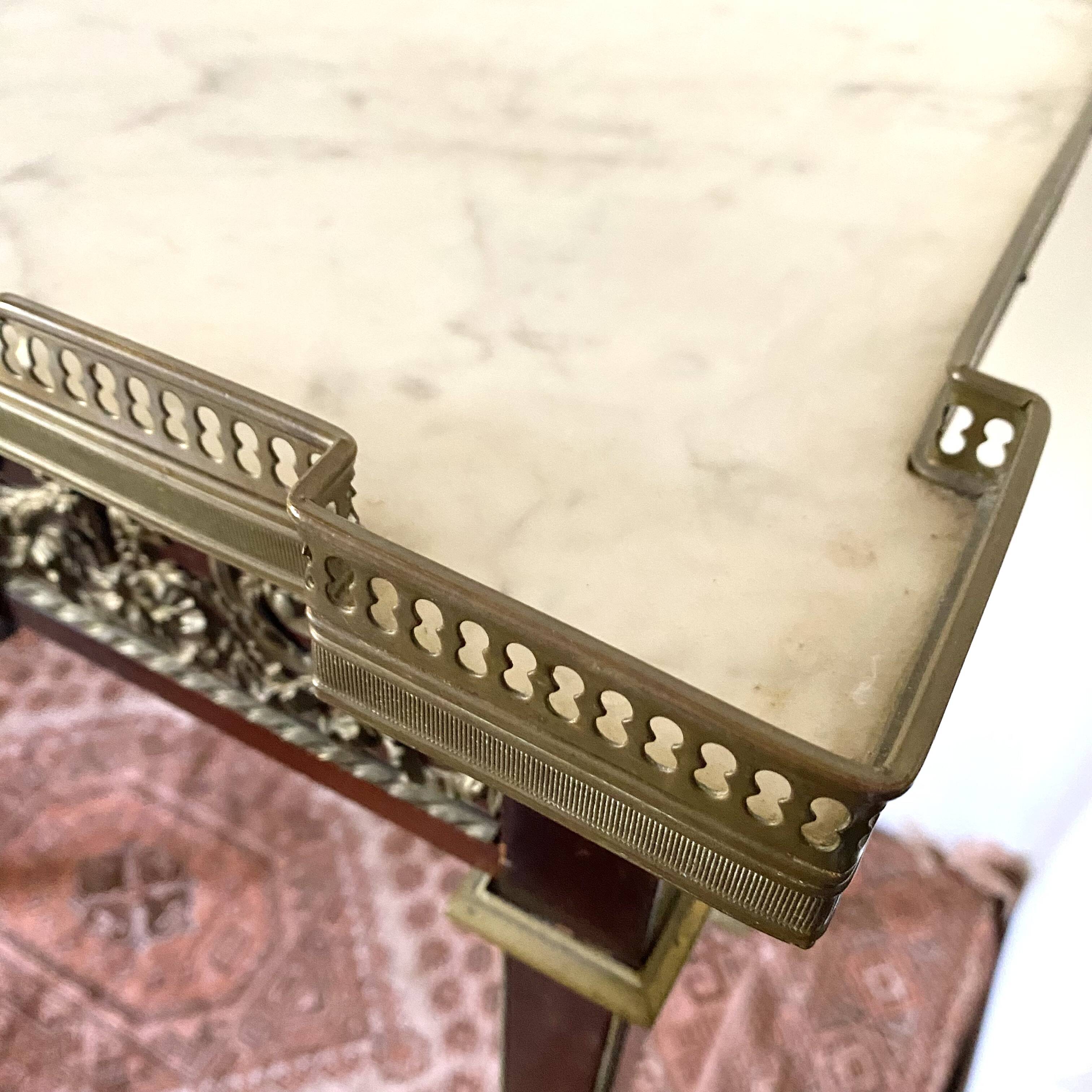 Living room table, Louis XVI style desk in wood, marble and brass