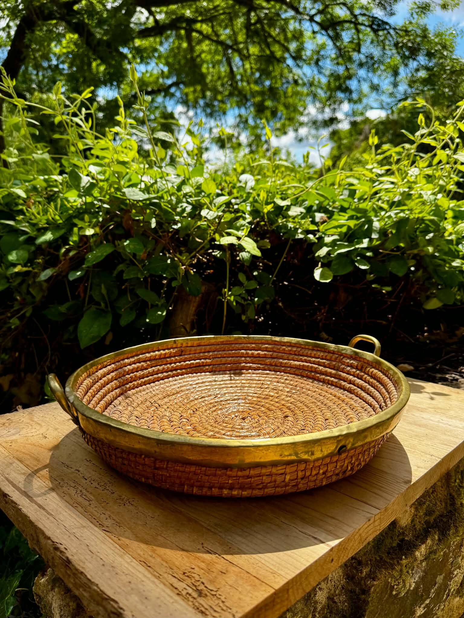 Wicker and brass table centrepiece in the style of Gabriella Crespi from the 1960s.