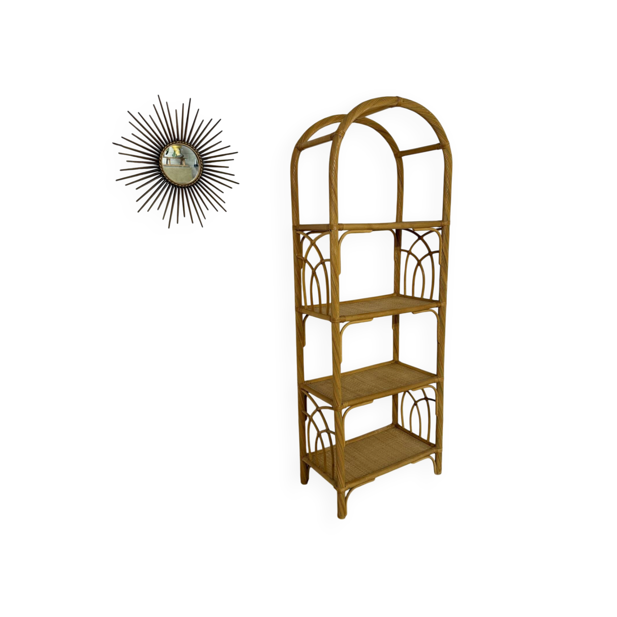 Large woven rattan bookshelf designed in the 1970s.
