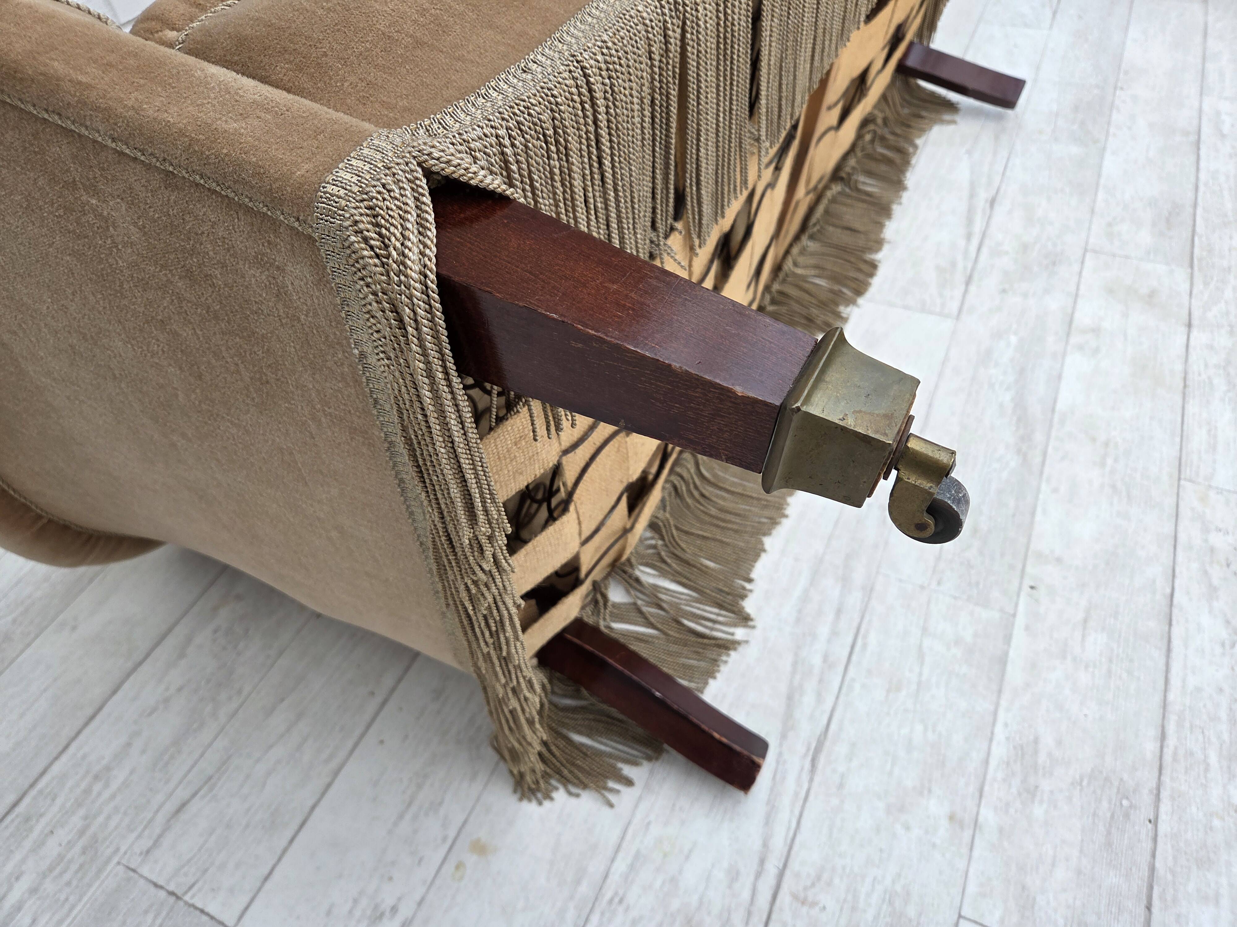 1950s, Danish 2-seater sofa, furniture velour, teak wood legs.