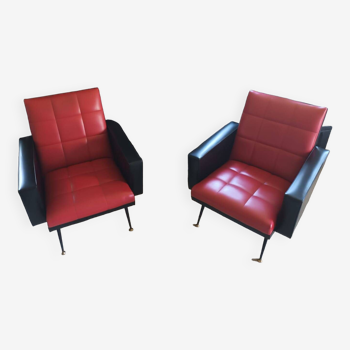 Paire de fauteuils vintage en Skaï rouge et noir