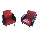 Pair of vintage armchairs in red and black Skai
