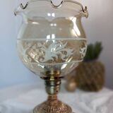 Table lamp with bronze base, round globe with amber and granite ruffles, retro chic
