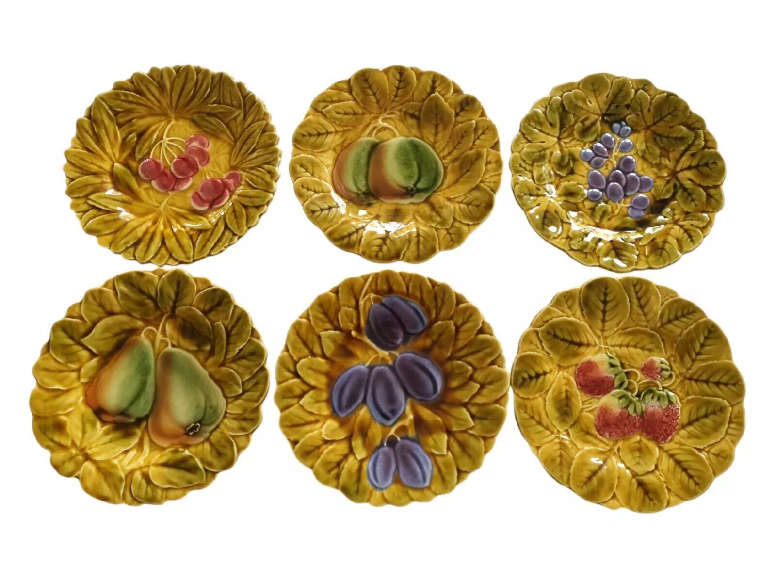 6 Assiettes A Dessert En Barbotine Divers Fruits Sarreguemines France Lot N°2