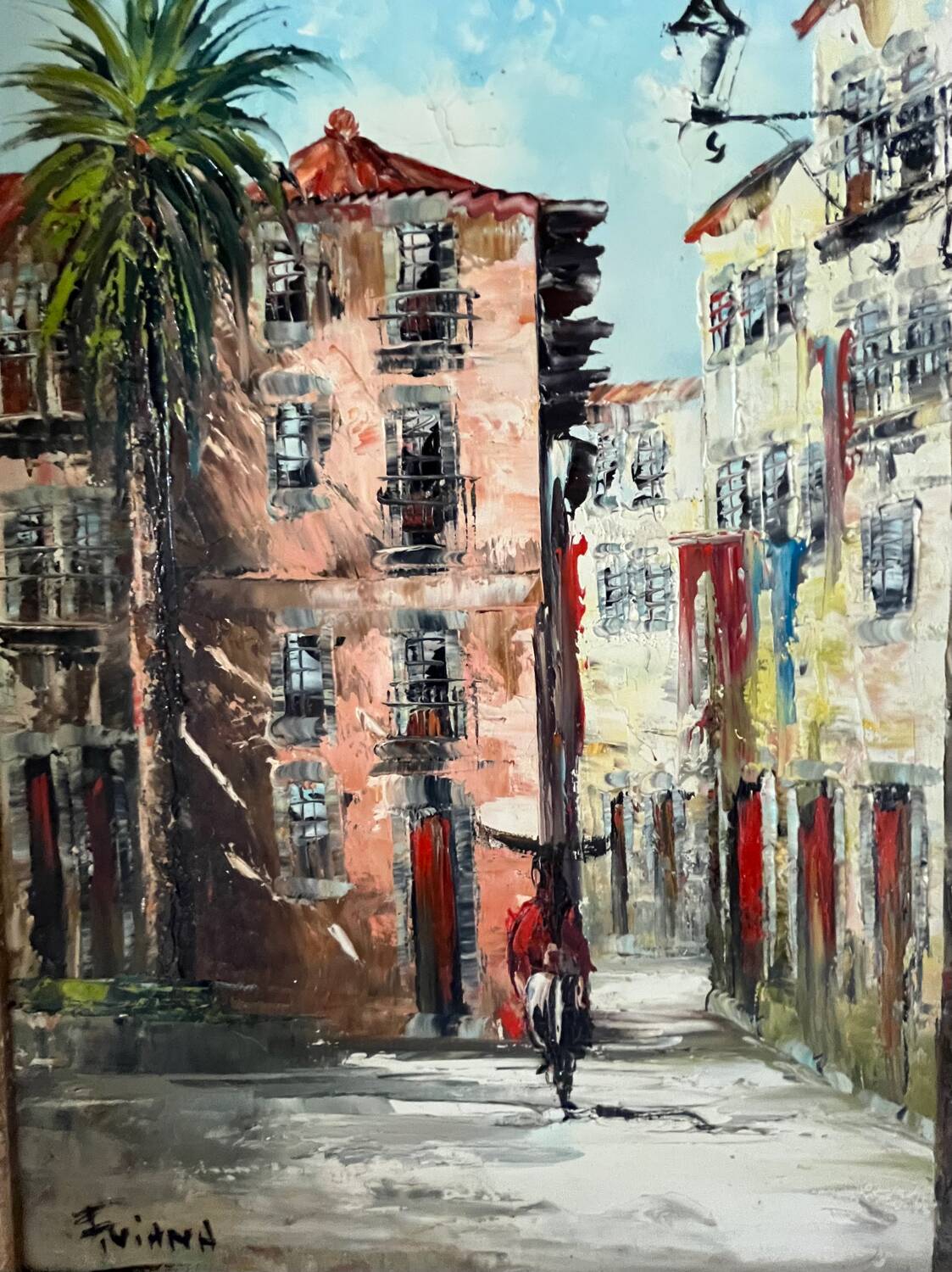 Tableau : Huile sur toile - ruelle animée au Portugal