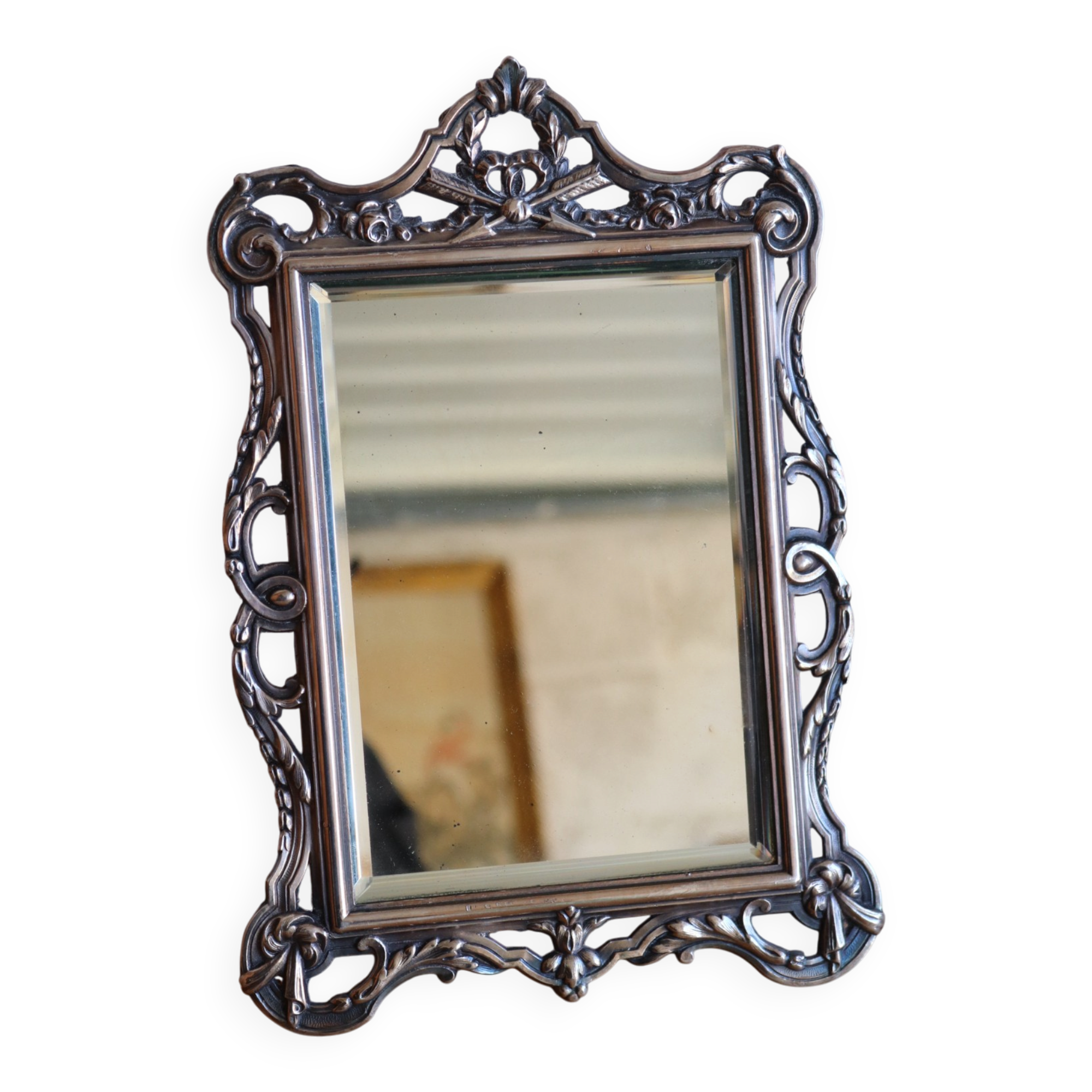 Small antique table mirror in Louis XVI style, silver-plated metal.