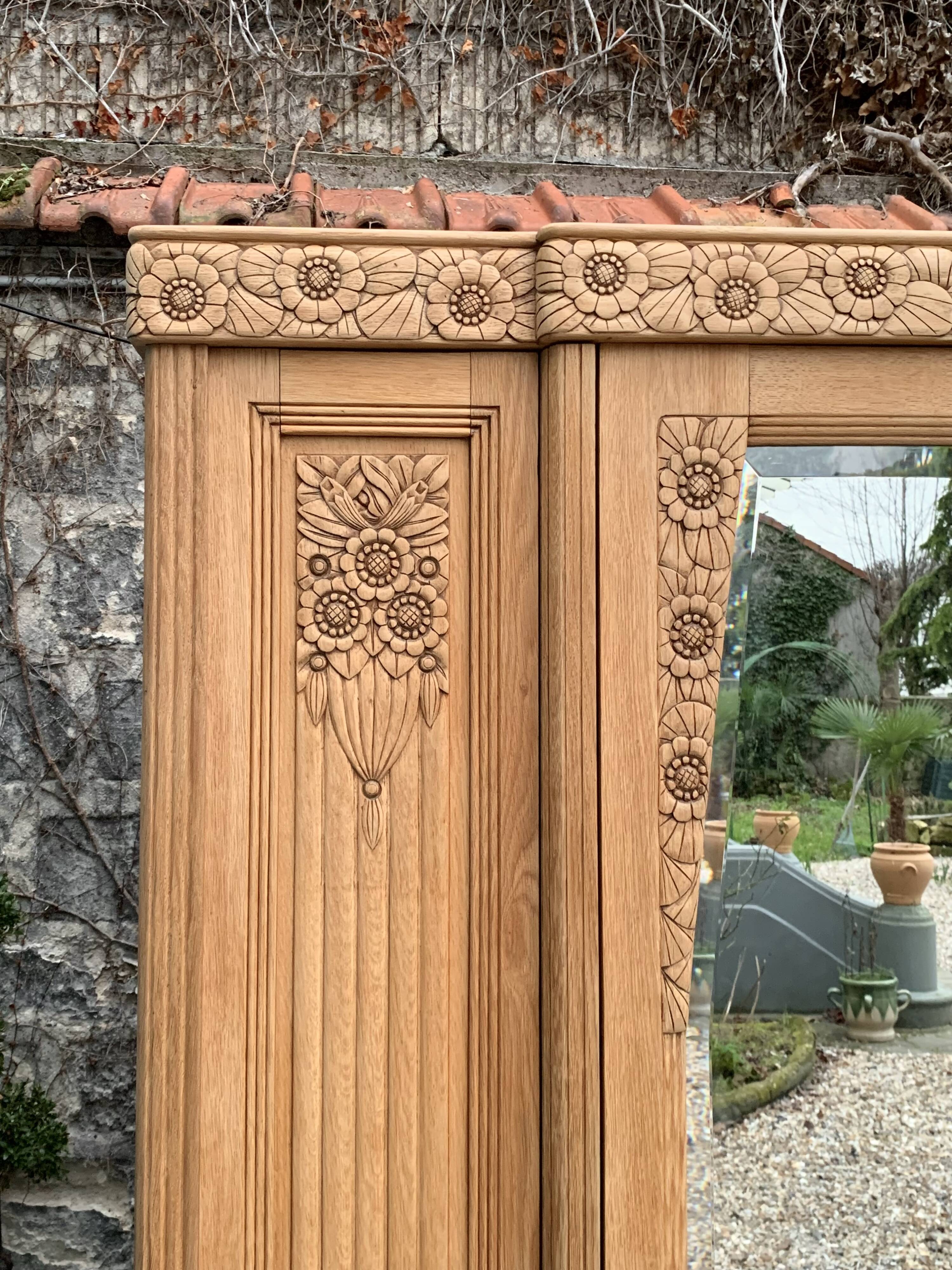 Parisian Art Deco style wardrobe in solid raw oak, 1950