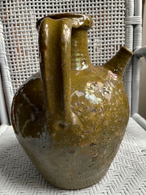 Jarre à huile en terre cuite vernissée vert kaki 18-19eme